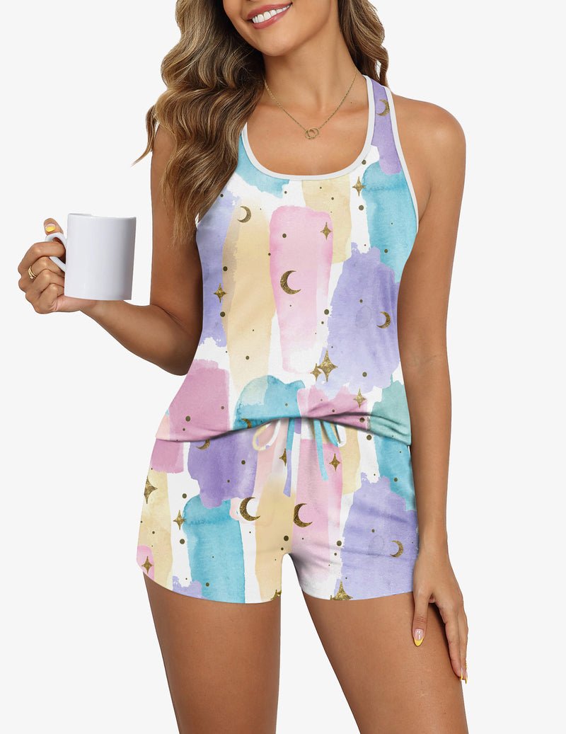 Pastel galaxy-style cami and shorts pajama set, drawstring waist, light trim