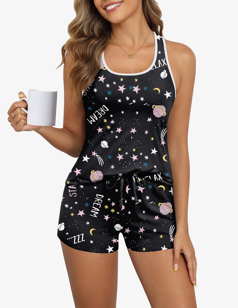 Black star-print cami and shorts set, elastic drawstring waist, white-trim neckline