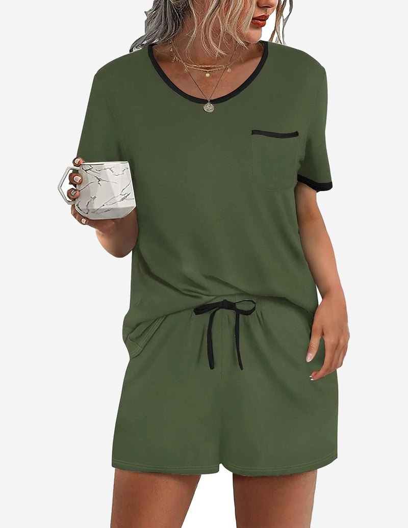 Army green 2-piece pajama set with contrast neckline; tee pocket and drawstring shorts
