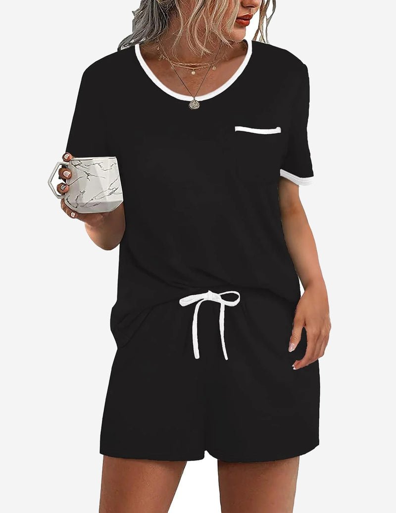 Black pajama set with contrast-trim crew neck; chest pocket and tied drawstring shorts