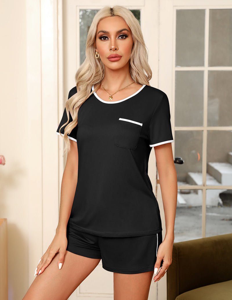 Black 2-piece pajama set: short-sleeve tee with pocket and matching drawstring shorts