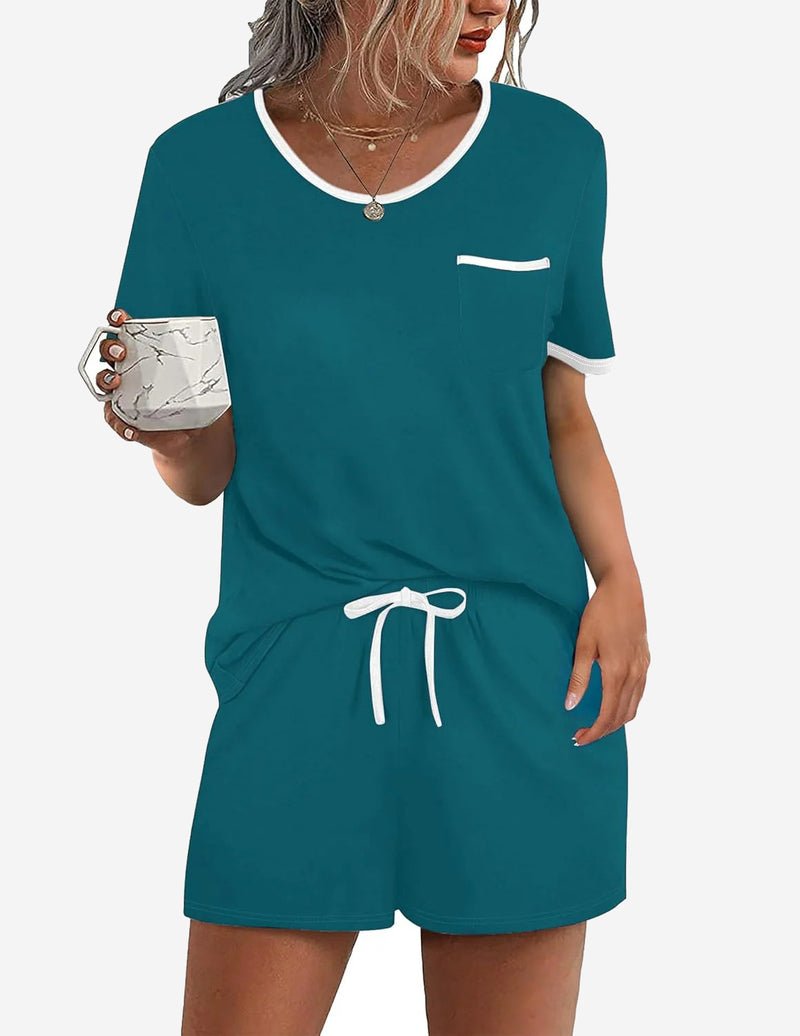 Blue-green 2-piece pajama set with contrast trim; short-sleeve tee and tied drawstring shorts