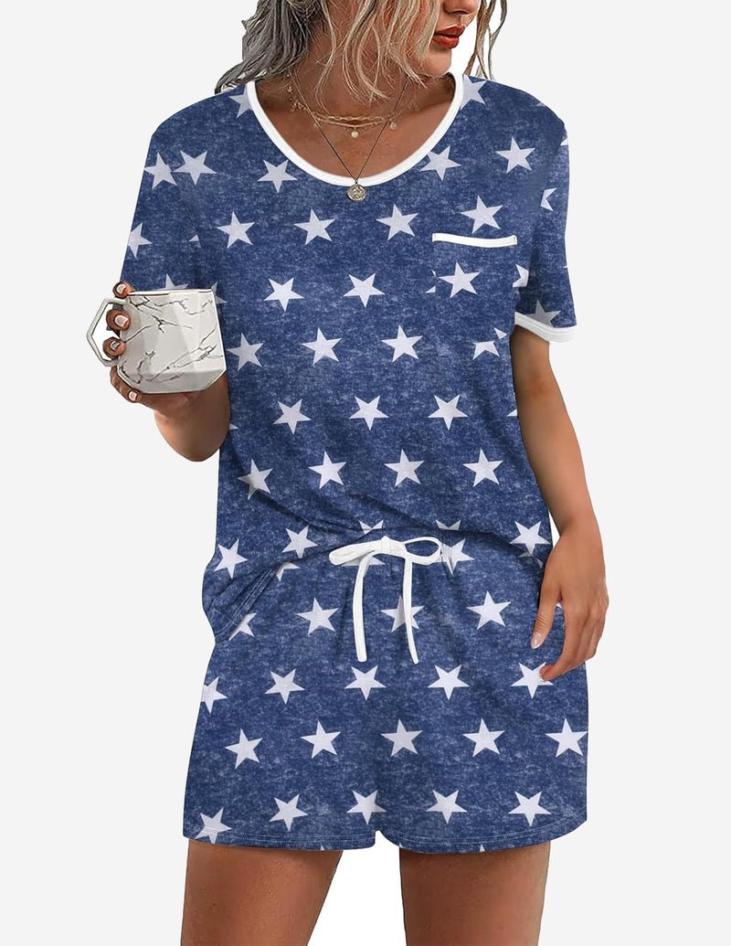 Blue star-print 2-piece pajama set with contrast neckline; tee pocket and drawstring shorts
