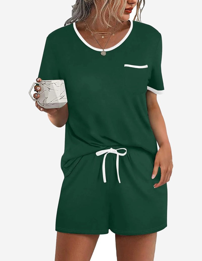 Dark green 2-piece pajama set with contrast neckline; pocket tee and tied drawstring shorts