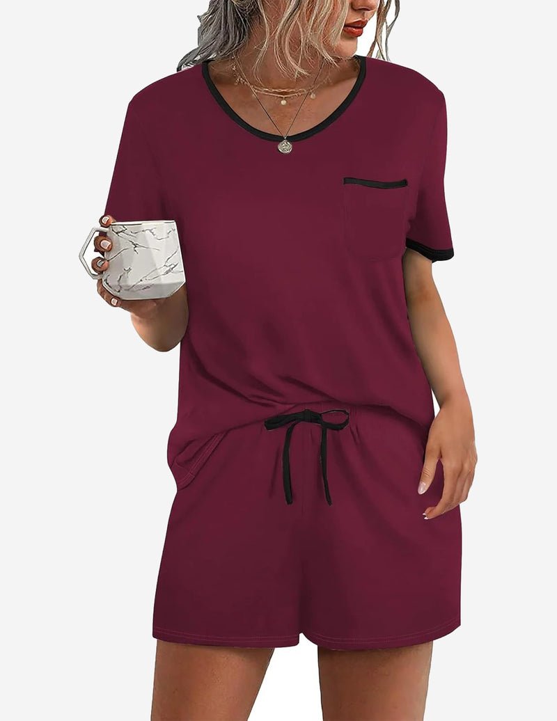 Wine-red 2-piece pajama set with contrast neckline; short-sleeve tee with pocket and tied shorts