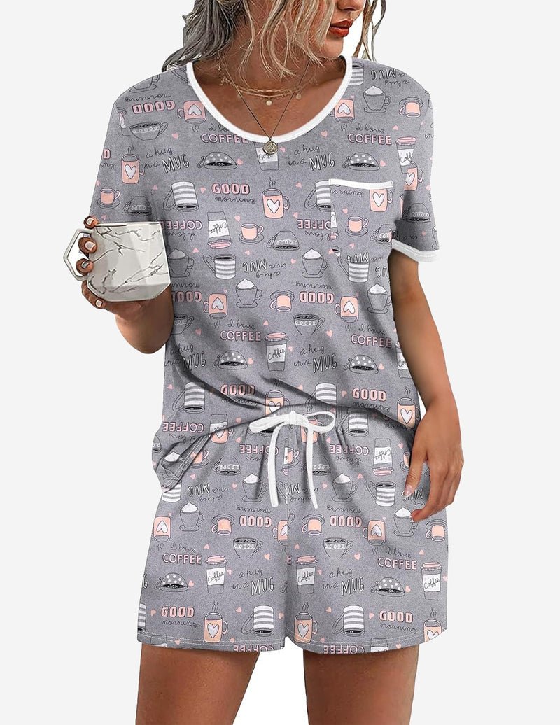 Gray patterned 2-piece pajama lounge set with coffee/mug print, drawstring waist shorts