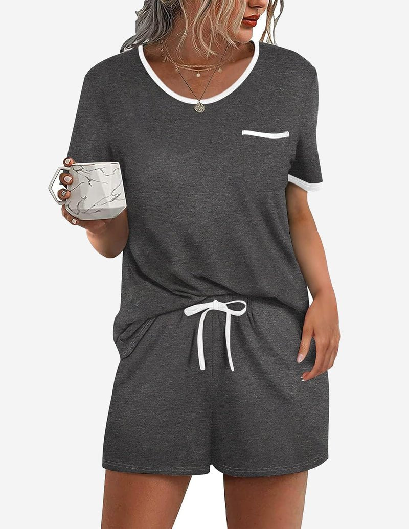 Dark gray 2-piece pajama lounge set, short-sleeve top with chest pocket and drawstring shorts