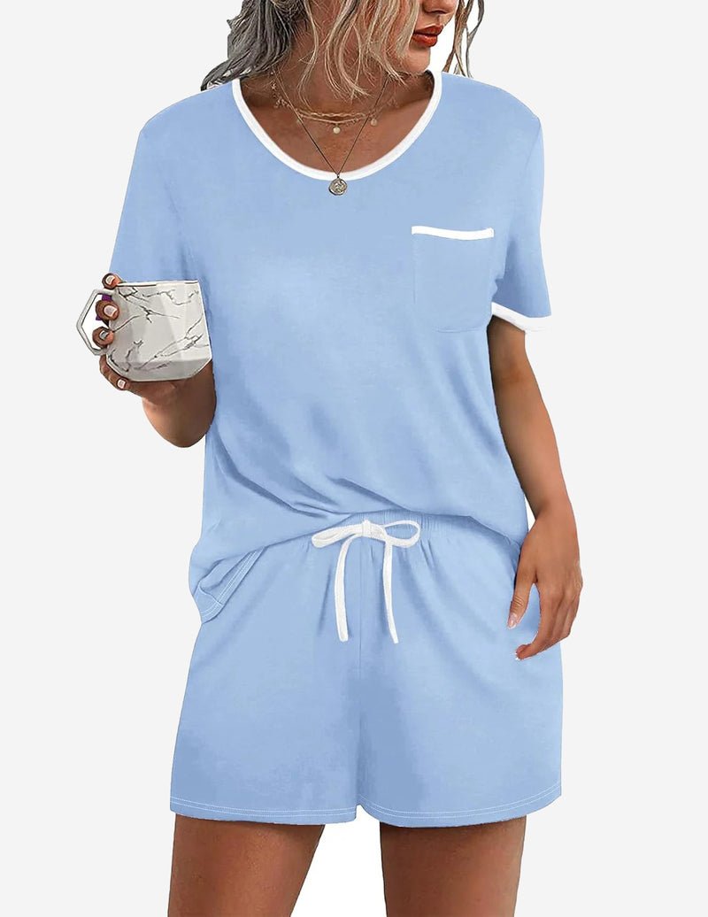 Light blue 2-piece pajama lounge set, short-sleeve crew-neck top and drawstring shorts