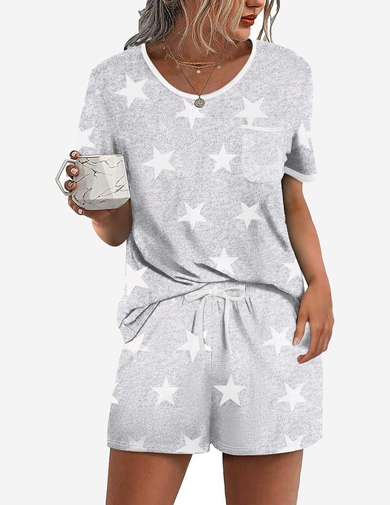 Heather gray 2-piece pajama lounge set with star print, drawstring waist shorts