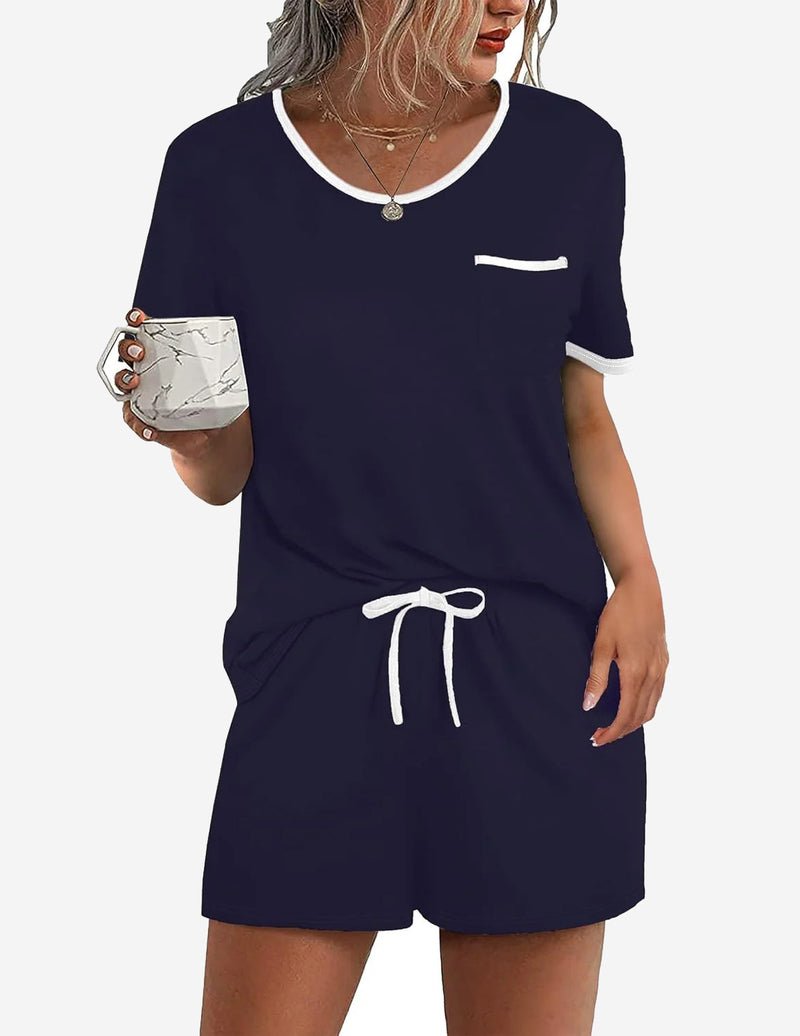 Navy blue 2-piece pajama lounge set with pocket on short-sleeve top and drawstring shorts