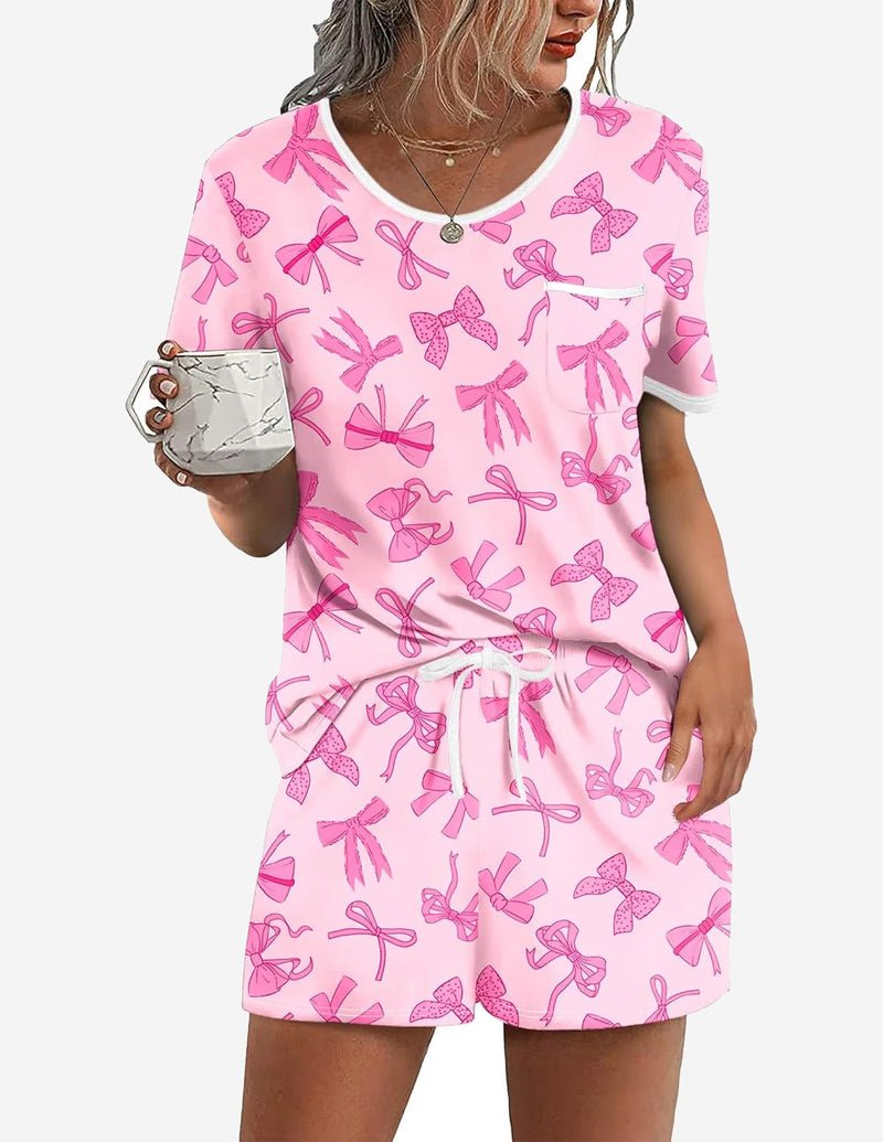 Pink bow print 2-piece pajama lounge set, short-sleeve top with pocket and drawstring shorts