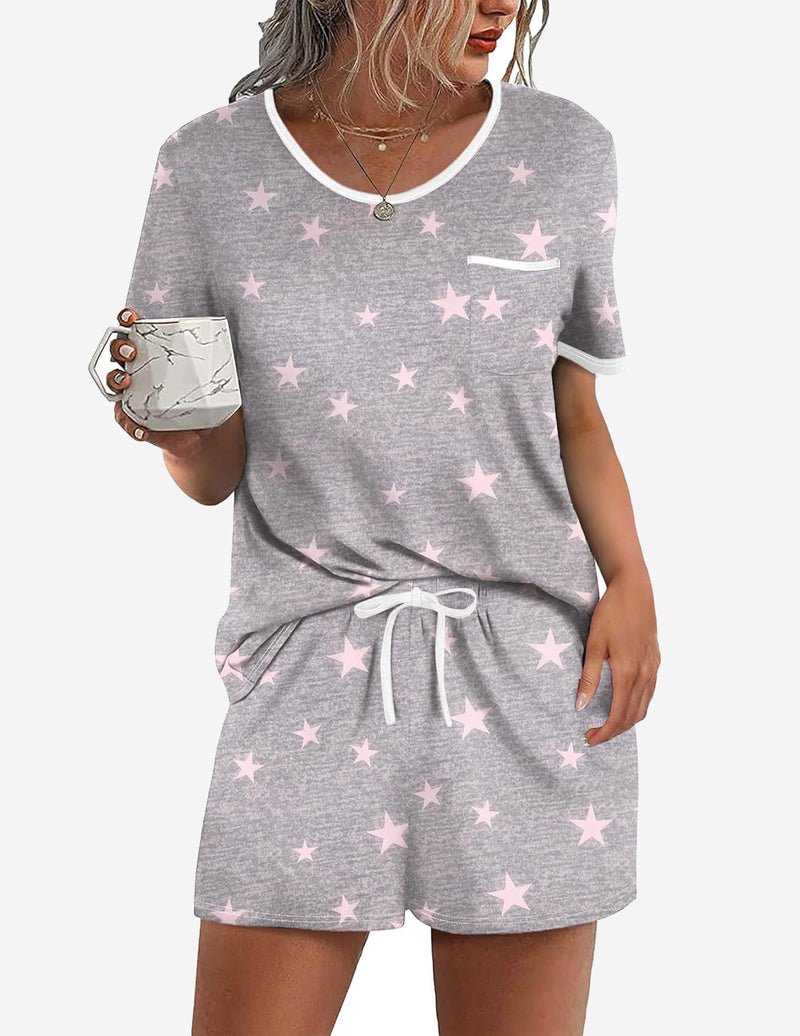 Gray 2-piece pajama lounge set with pink star print, drawstring waist shorts