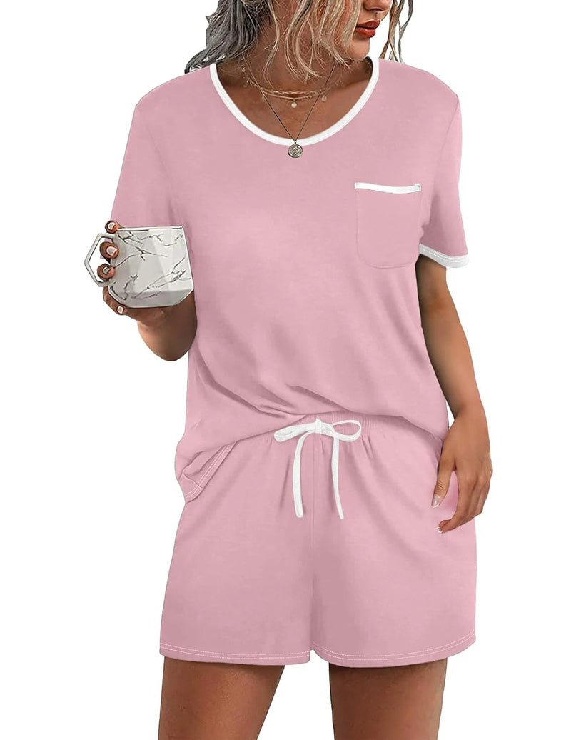 Blush pink 2-piece pajama lounge set, short-sleeve top with pocket and drawstring shorts