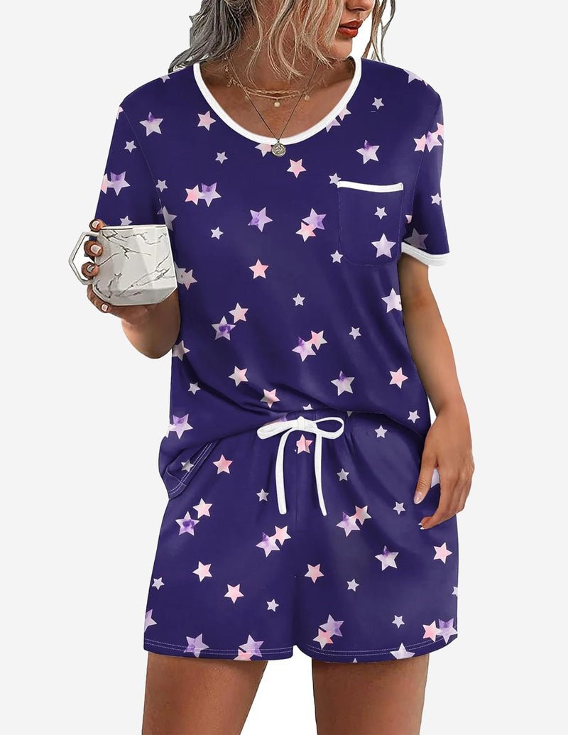 Navy blue 2-piece pajama lounge set with star print, drawstring waist shorts and pocket