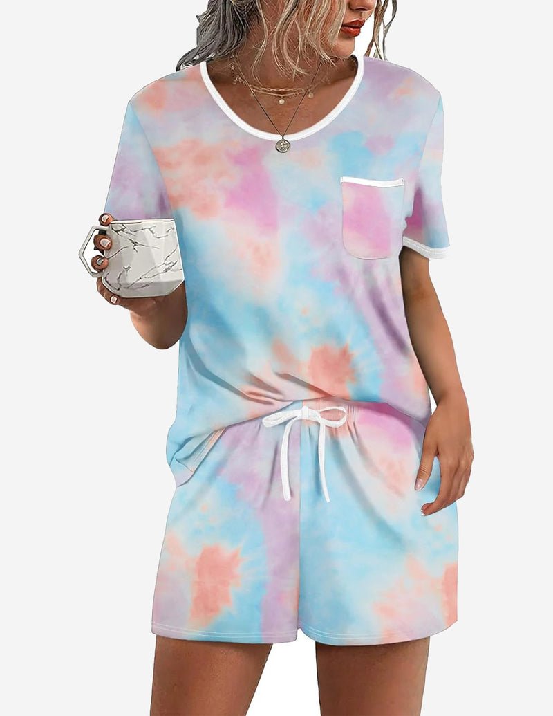 Pastel tie-dye 2-piece pajama lounge set, short-sleeve top with pocket and drawstring shorts