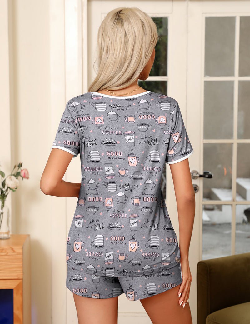 Gray coffee-print 2-piece pajama set, back view with crew neck and shorts