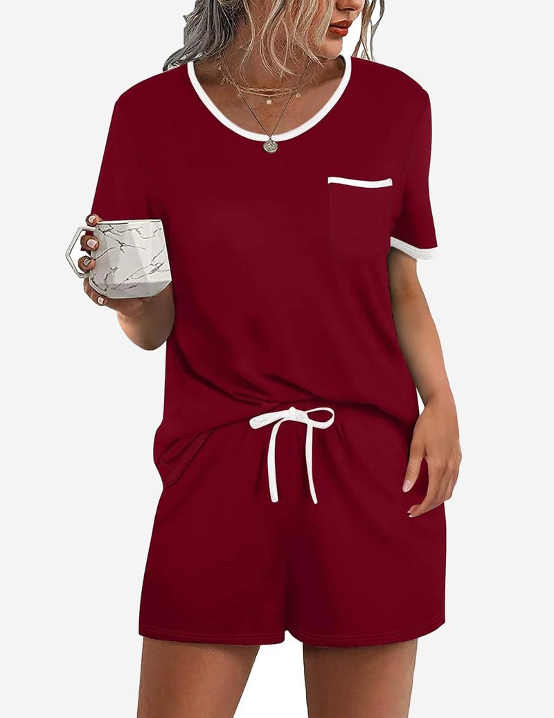 Burgundy 2-piece pajama set, white-trim crew neck and drawstring shorts