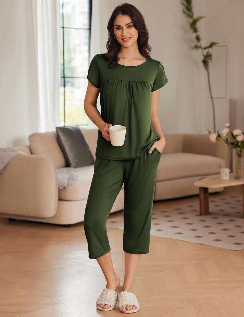 Army green short-sleeve pajama set with pleated bib top and cropped pants