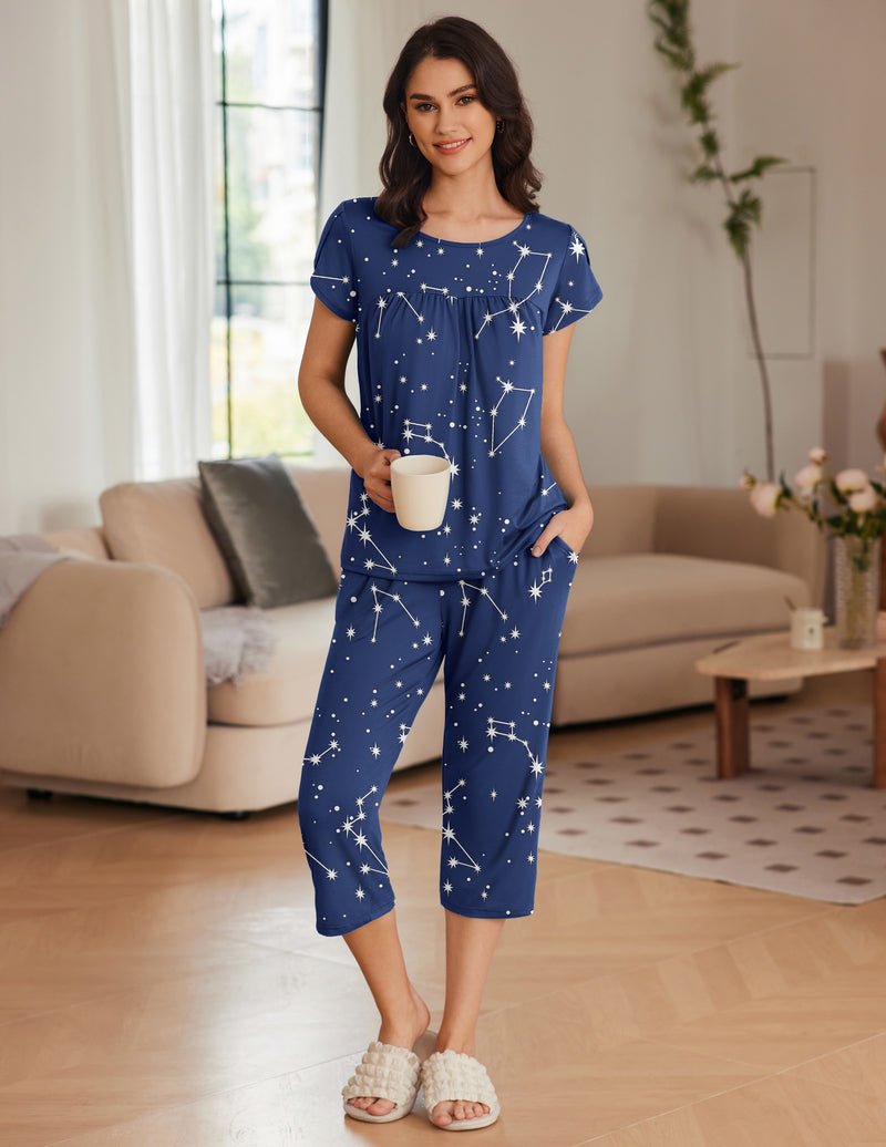 Navy blue star print short-sleeve pajama set with drawstring waist and capri pants