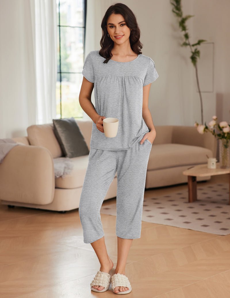 Light gray short-sleeve pajama set with pleated front top and cropped capri pants