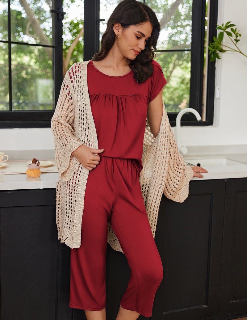 Burgundy red pajama set with pleated front top and capri pants, with cardigan