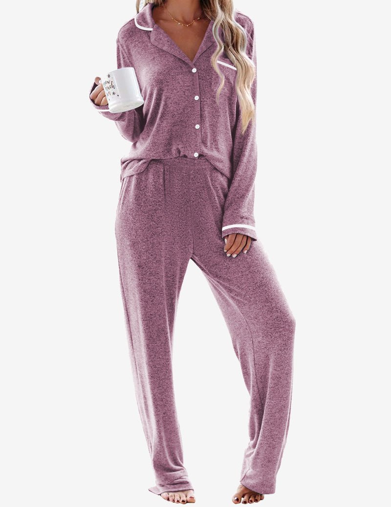 Lilac 2-piece pajama set with long-sleeve button top and matching long lounge pants