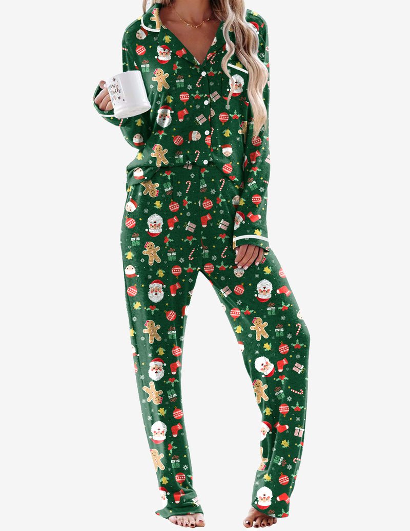 2-piece pajama set, Christmas green with Santa, gingerbread, and reindeer print