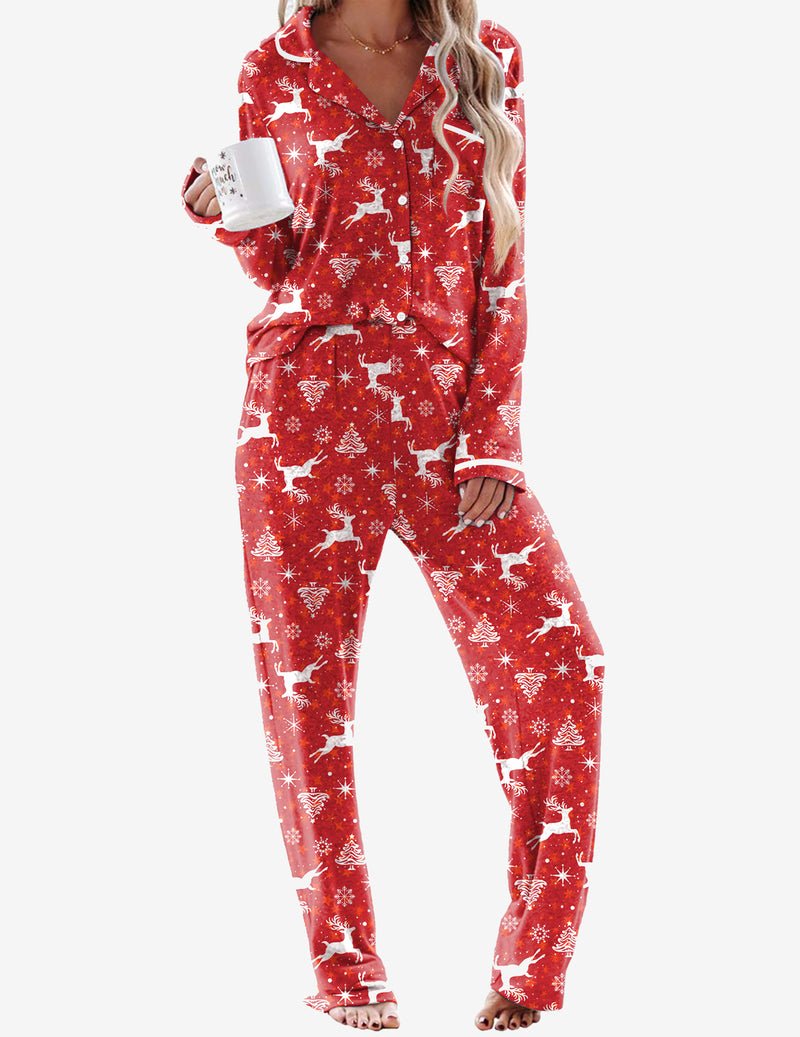 2-piece pajama set, Christmas red with reindeer and snowflake print