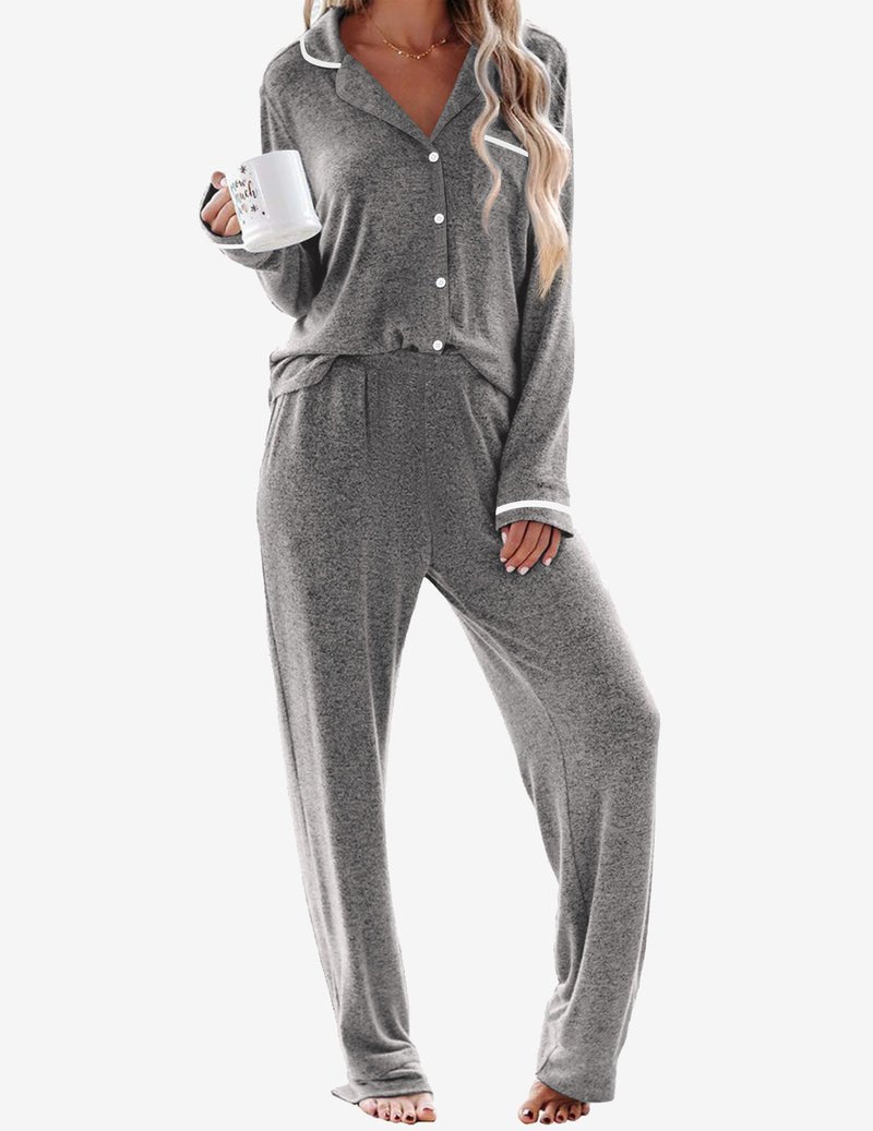 2-piece pajama set, dark gray heather, button-up top and contrast striped cuffs