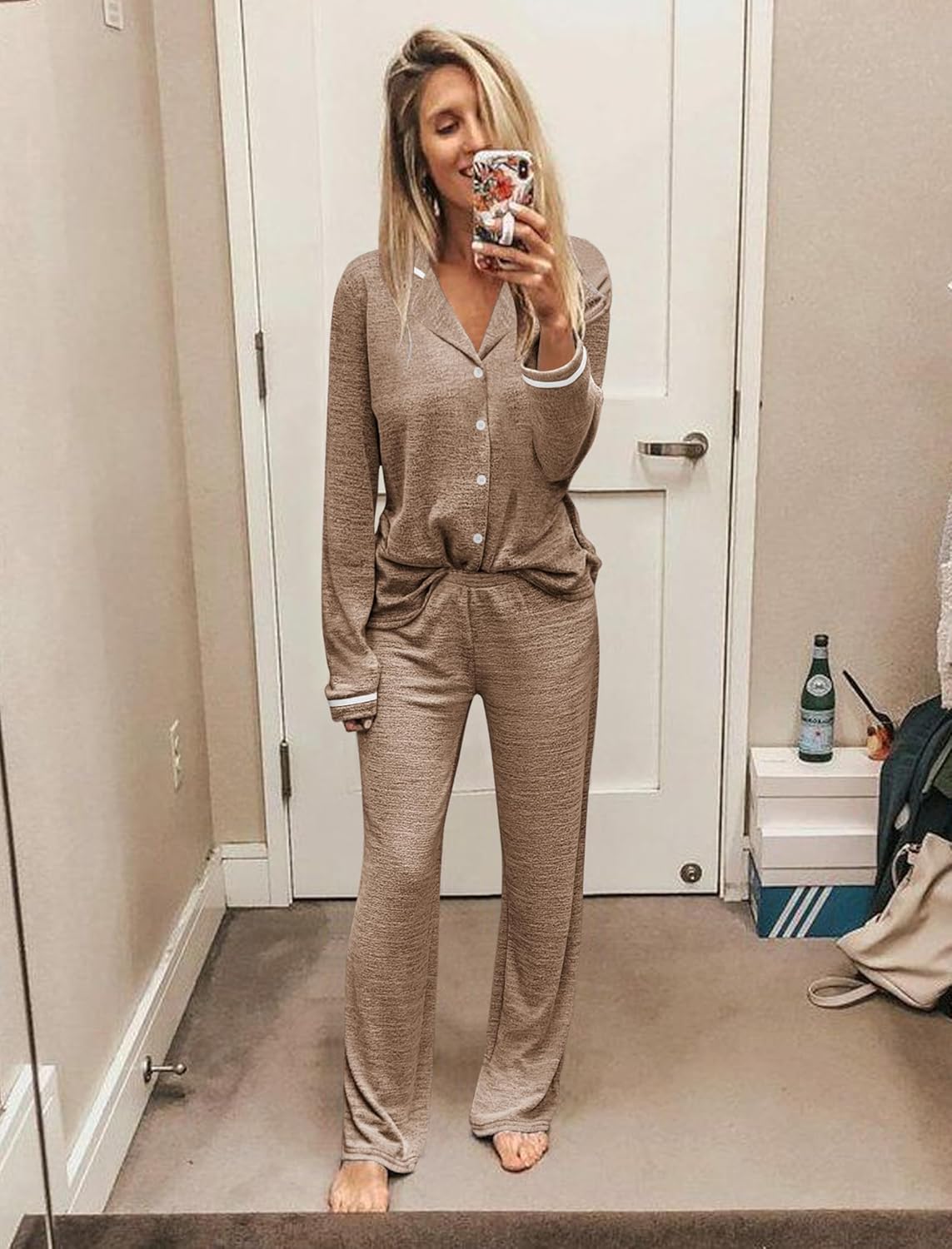 Light brown 2-piece pajama set with long-sleeve button top and matching pants
