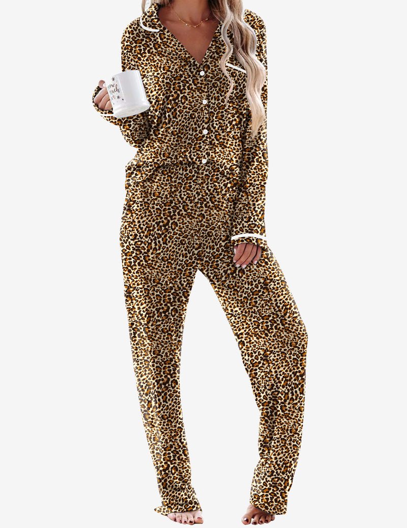 2-piece pajama set, leopard print with button-up top and long pants