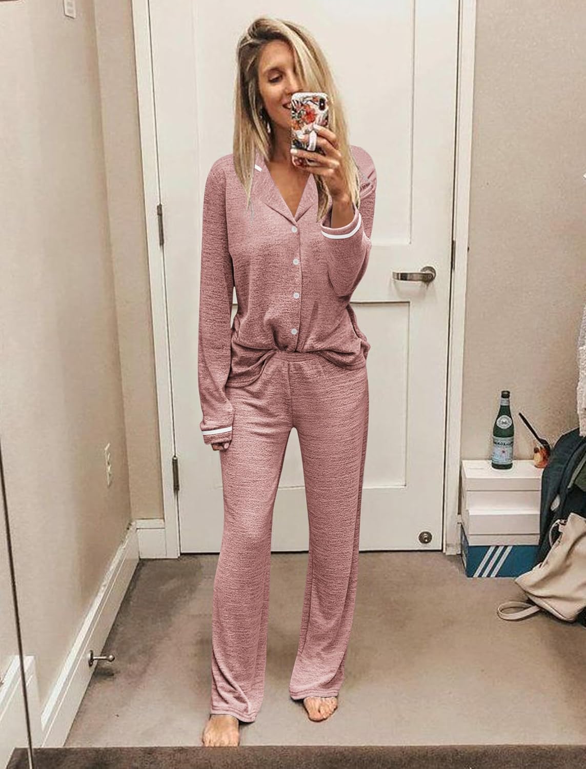 2-piece pajama set, pink heather, button-up top with contrast cuff trim