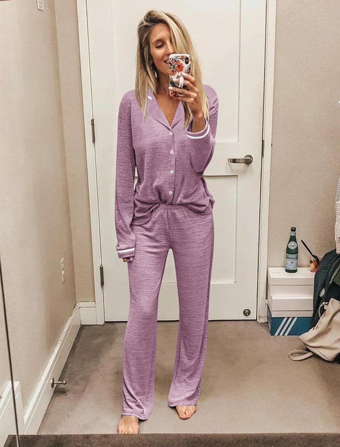 2-piece pajama set, lilac button-up top with contrast cuff trim and long pants