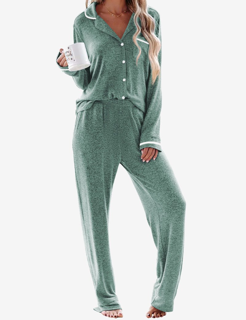 Green 2-piece pajama set with long-sleeve button shirt and matching lounge pants
