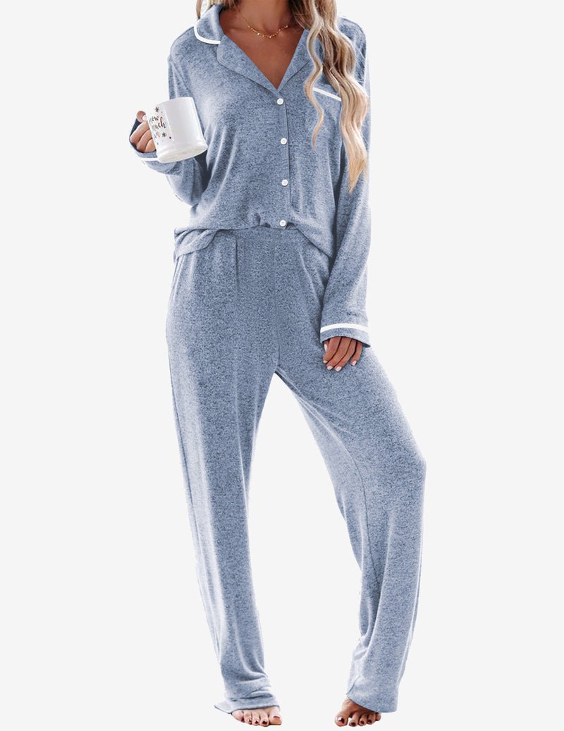 Light blue heather 2-piece pajama set with button top and long drawstring pants