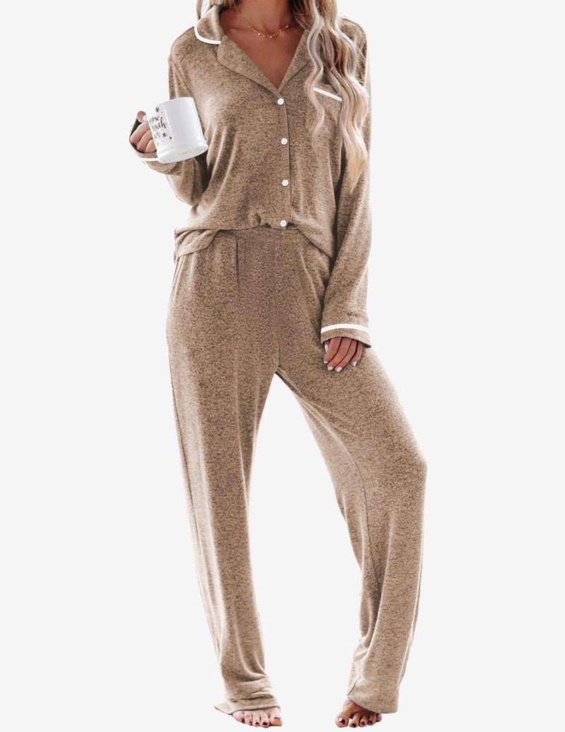 Light brown pajama set with long-sleeve button shirt and matching straight-leg pants