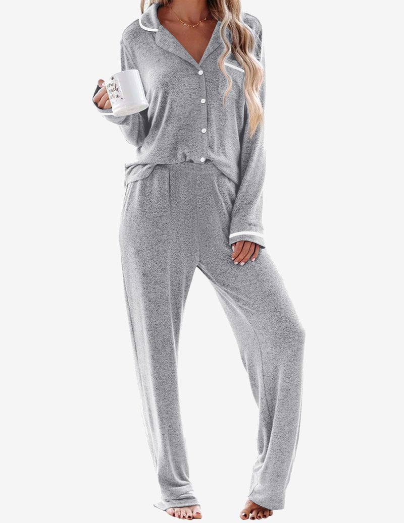 Grey pajama set with long-sleeve button top, contrast trim, and matching long pants