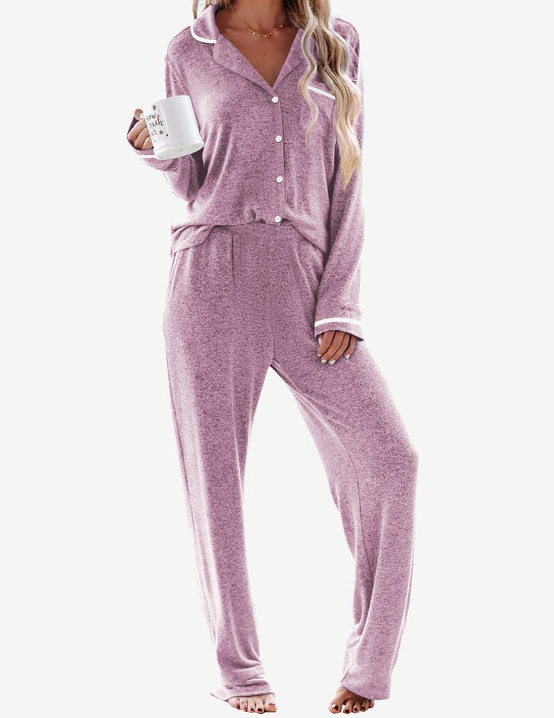 Lilac pajama set with V-neck button top and elastic-waist long pants