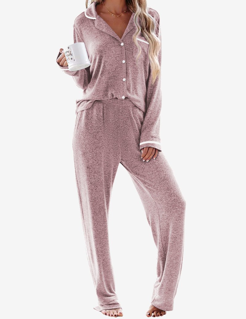 Pinkish-lilac pajama set with button-down top and matching long drawstring pants