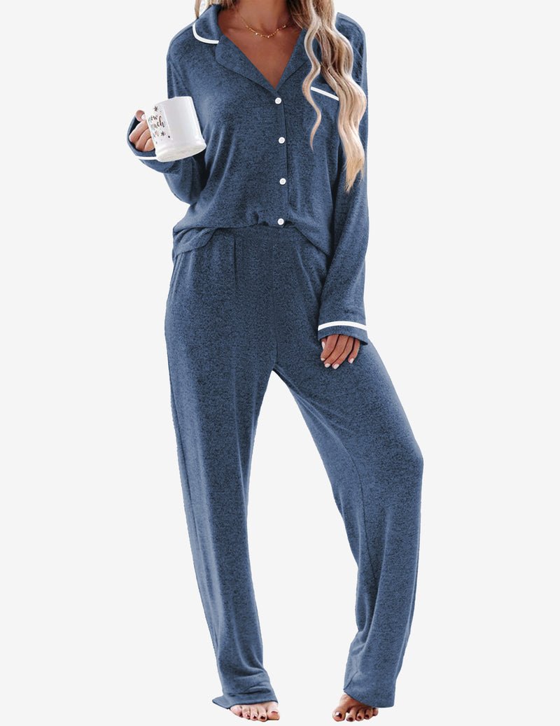 2-piece pajama set in dark blue: button-front top and long pants with piping