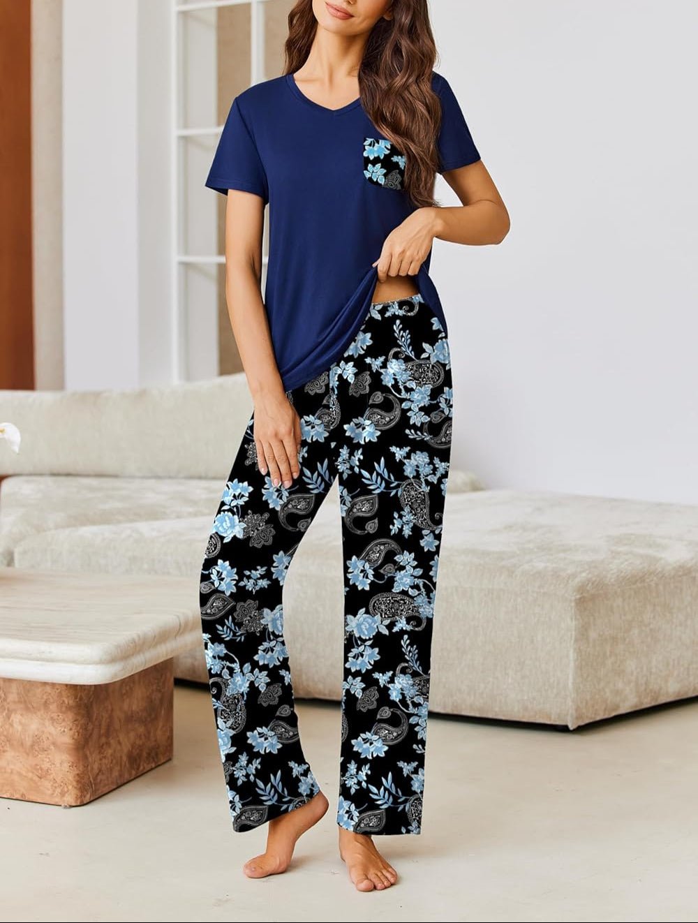 Navy short-sleeve pajama top with floral wide-leg pants