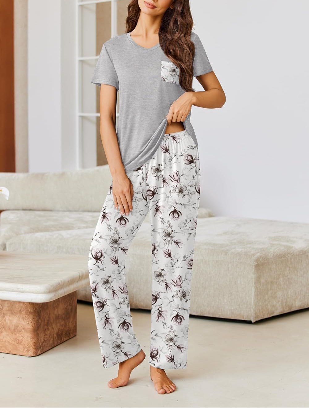 Gray short-sleeve pajama top and floral wide-leg pants