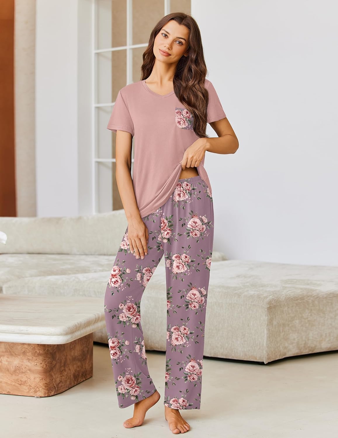 Two-piece pajama set with mauve short-sleeve top and pink floral wide-leg pants