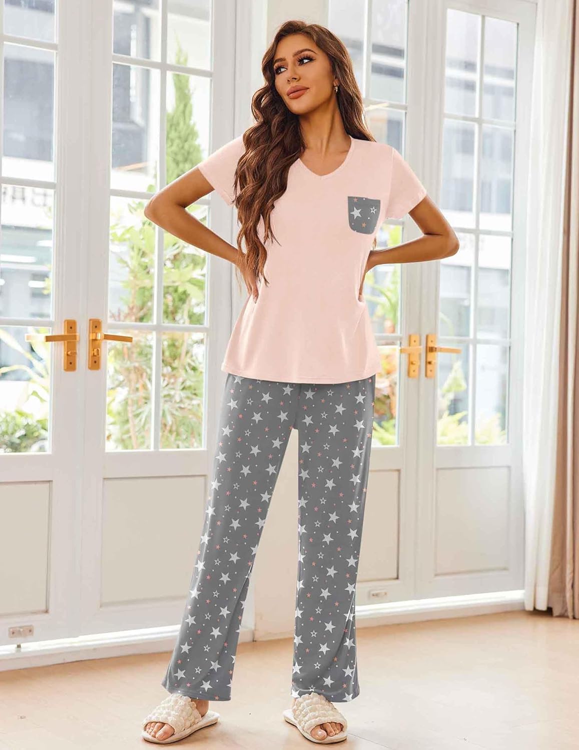 Light pink short-sleeve pajama top and gray star print wide-leg pants