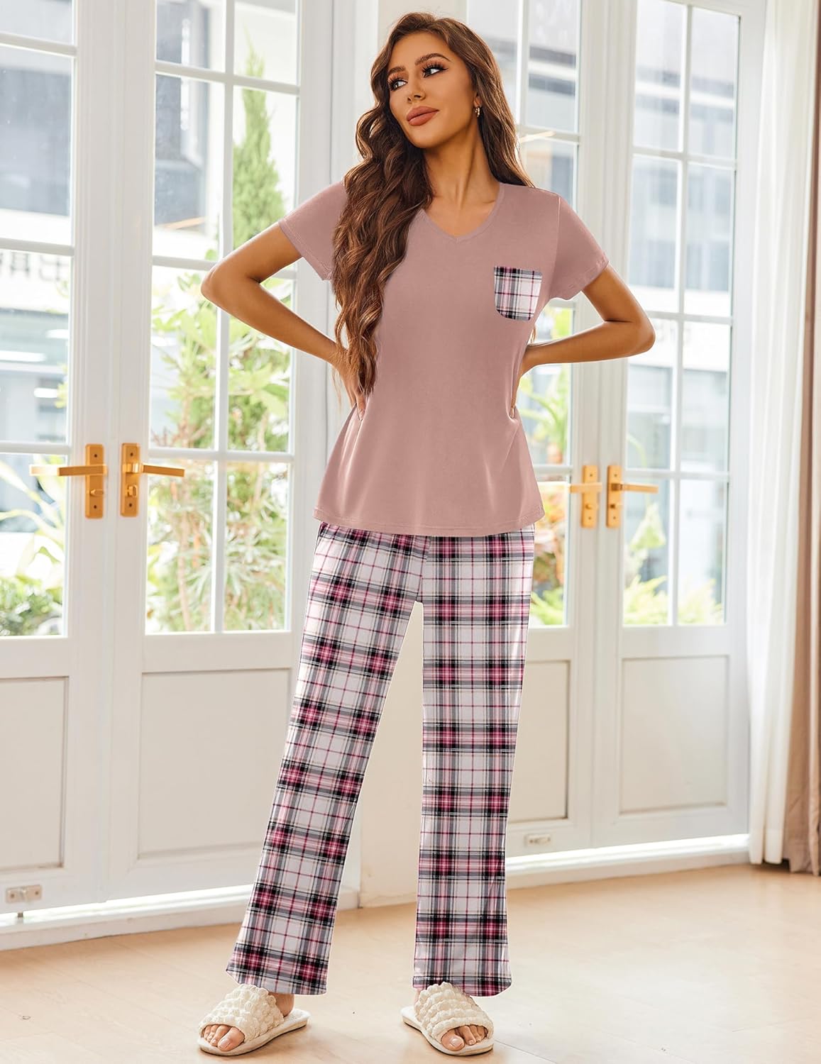 Two-piece pajama set with blush short-sleeve top and plaid wide-leg pants