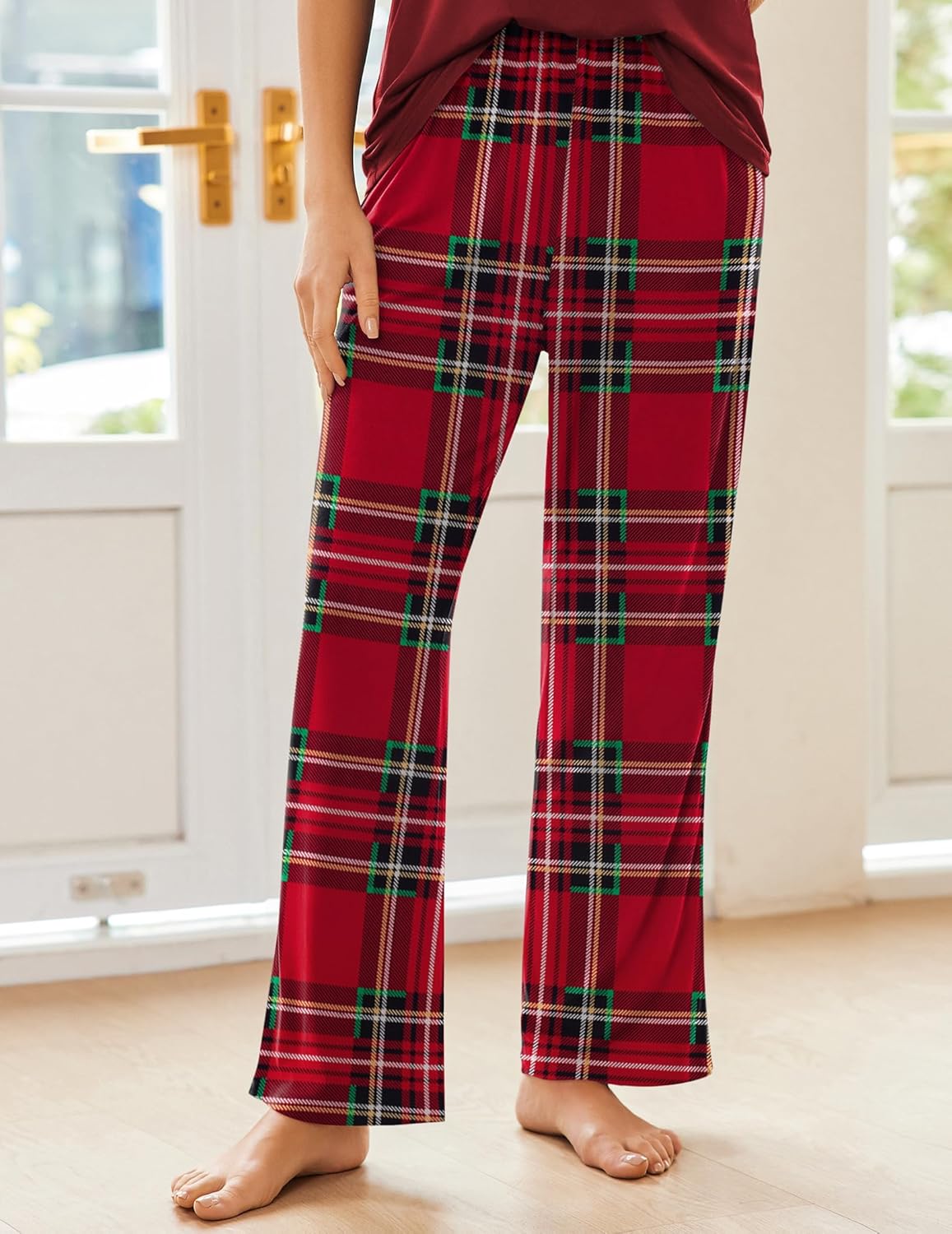 Ekouaer pajama set with red-green plaid long pants