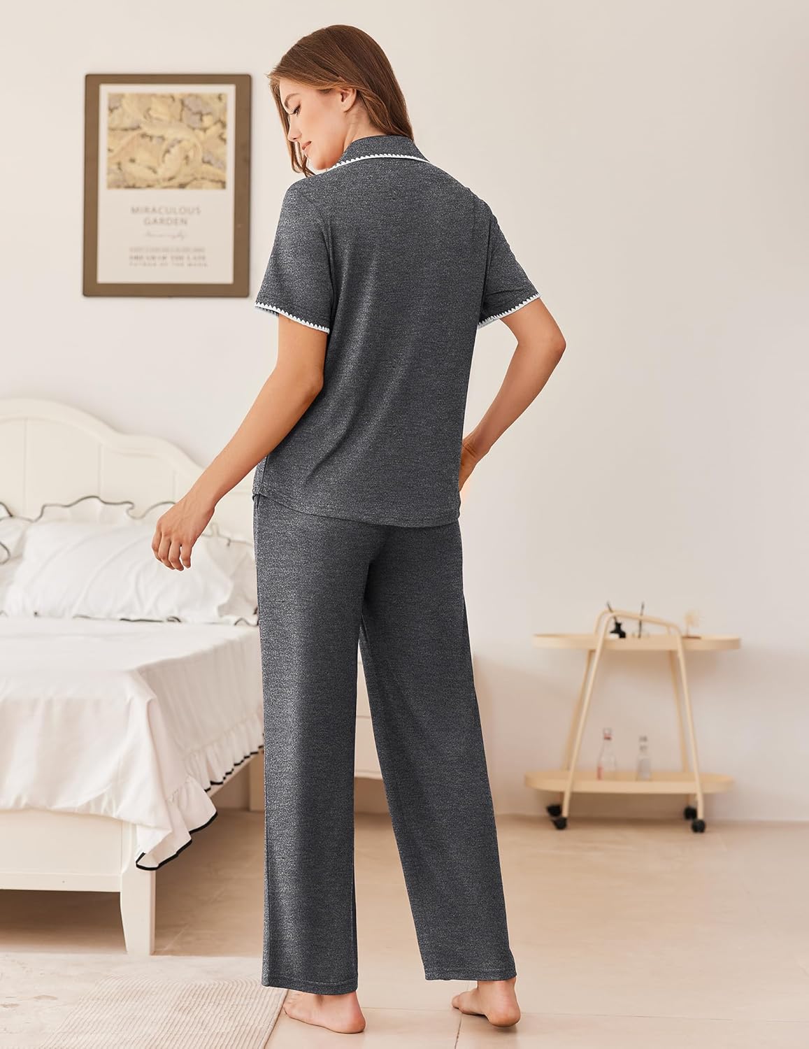 Dark gray pajama set with short-sleeve button top and wide-leg pants, back view