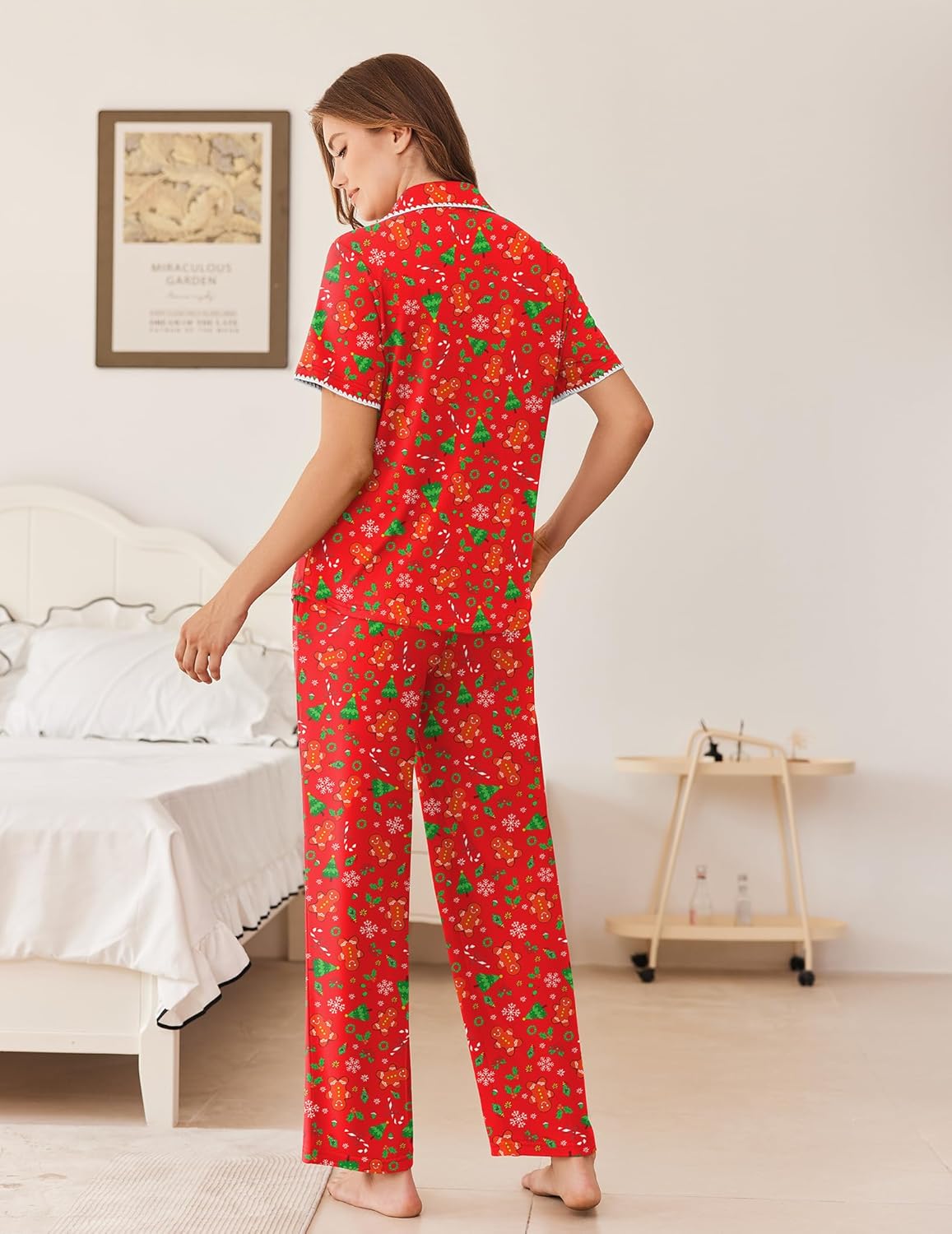 Red patterned pajama set, button front short-sleeve top and long pants (back view)