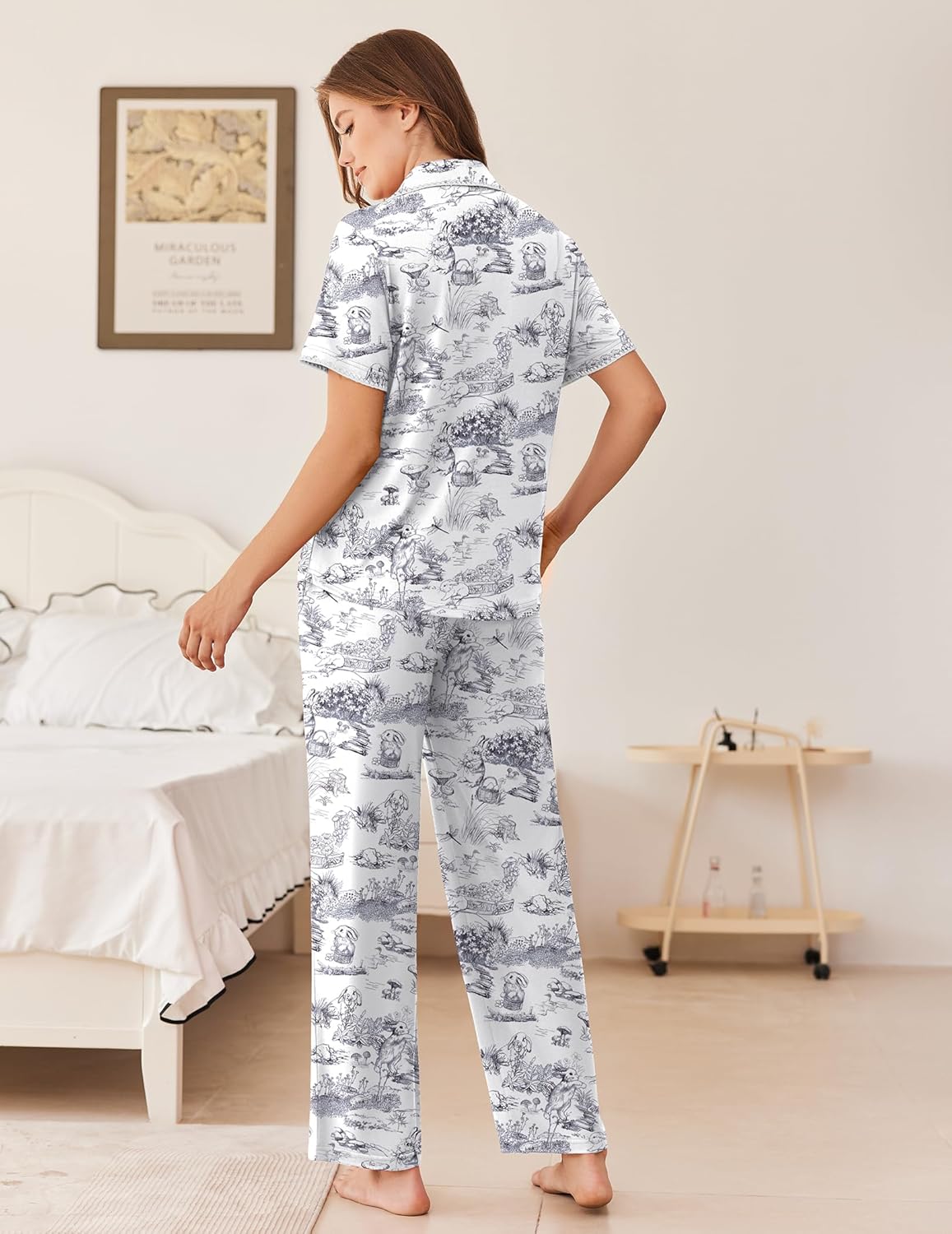 White patterned pajama set with short-sleeve button top and wide-leg pants