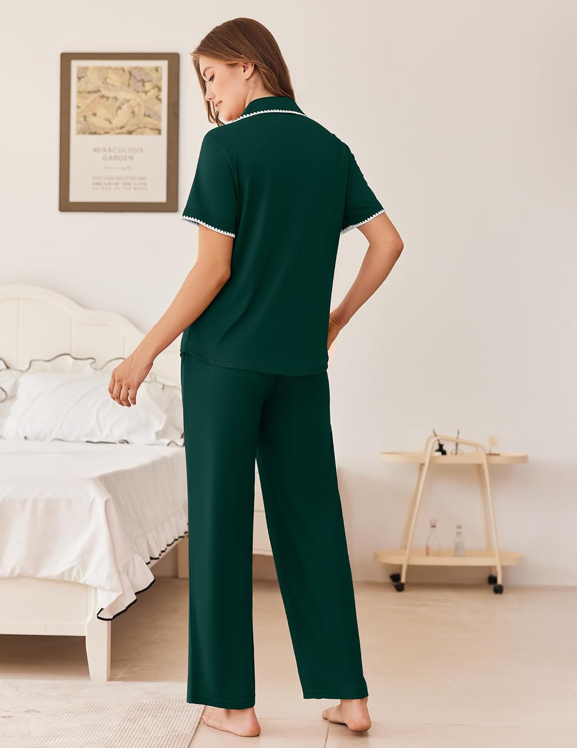Dark green button-front pajama set with long pants and contrast piping at collar